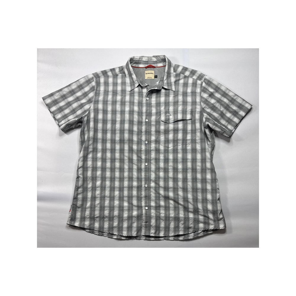 Simms Men's Short Sleeve Gray Plaid Button Up Fishing Shirt - Size XL